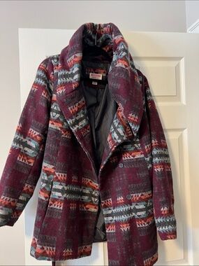 Mossimo Supply Co. Burgundy Patterned Pea Coat with Multicolor Accents